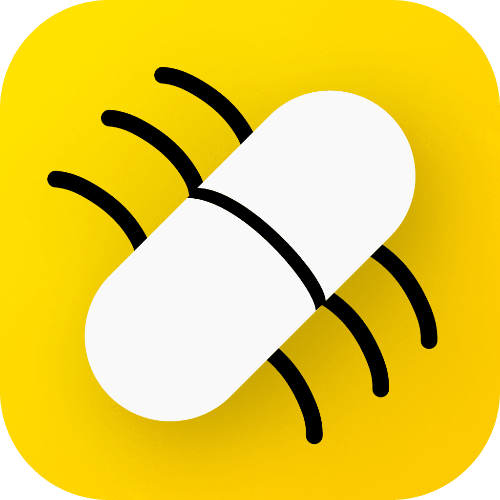 The Pillbug app icon, which is a simple drawing of a capsule pill with 6 legs protruding from the sides of it, resembling an insect.